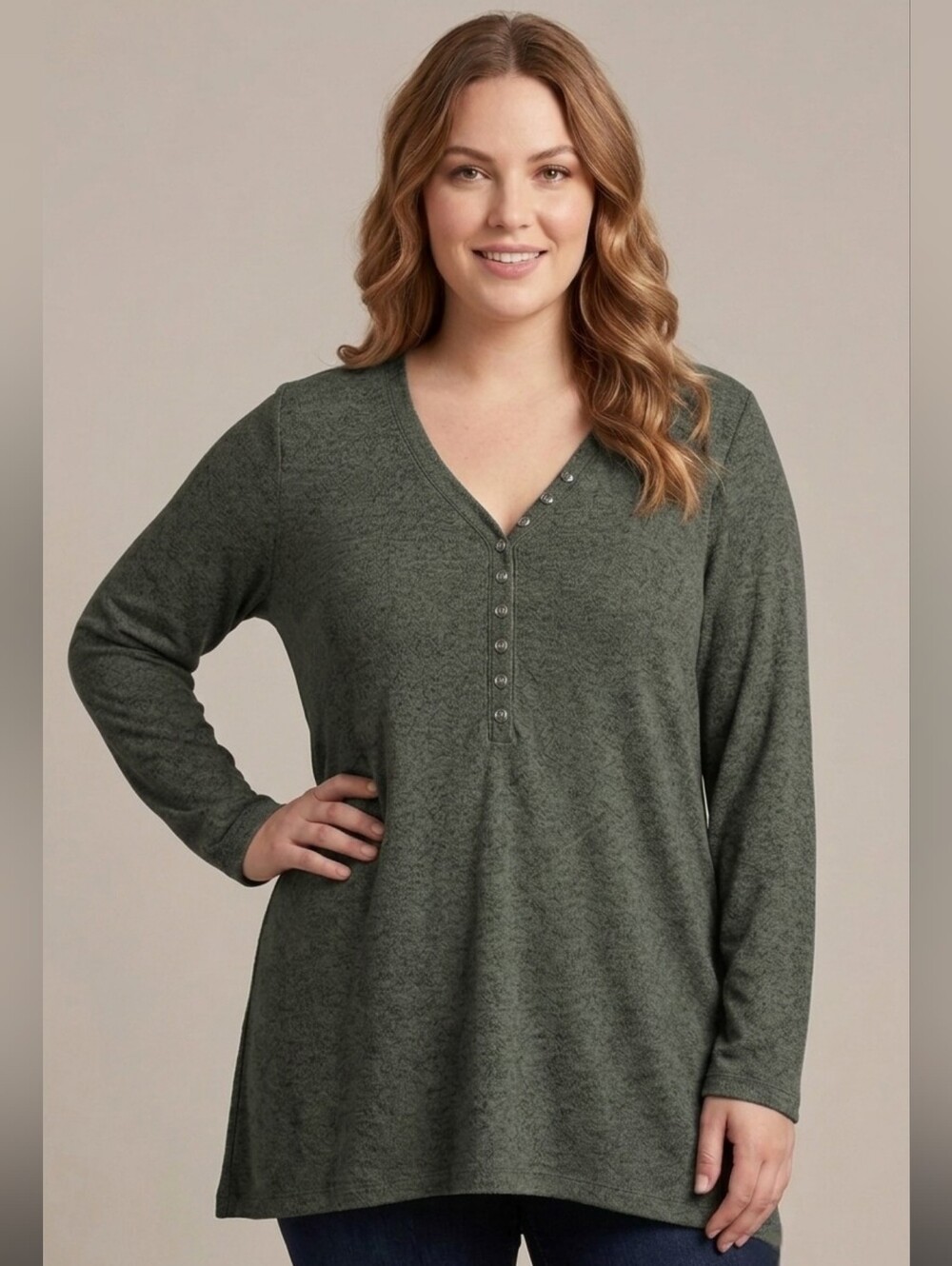 Addition Elle Olive Green Henley Tunic Top Long Sleeve Cozy Stretch,Plus Size 1X